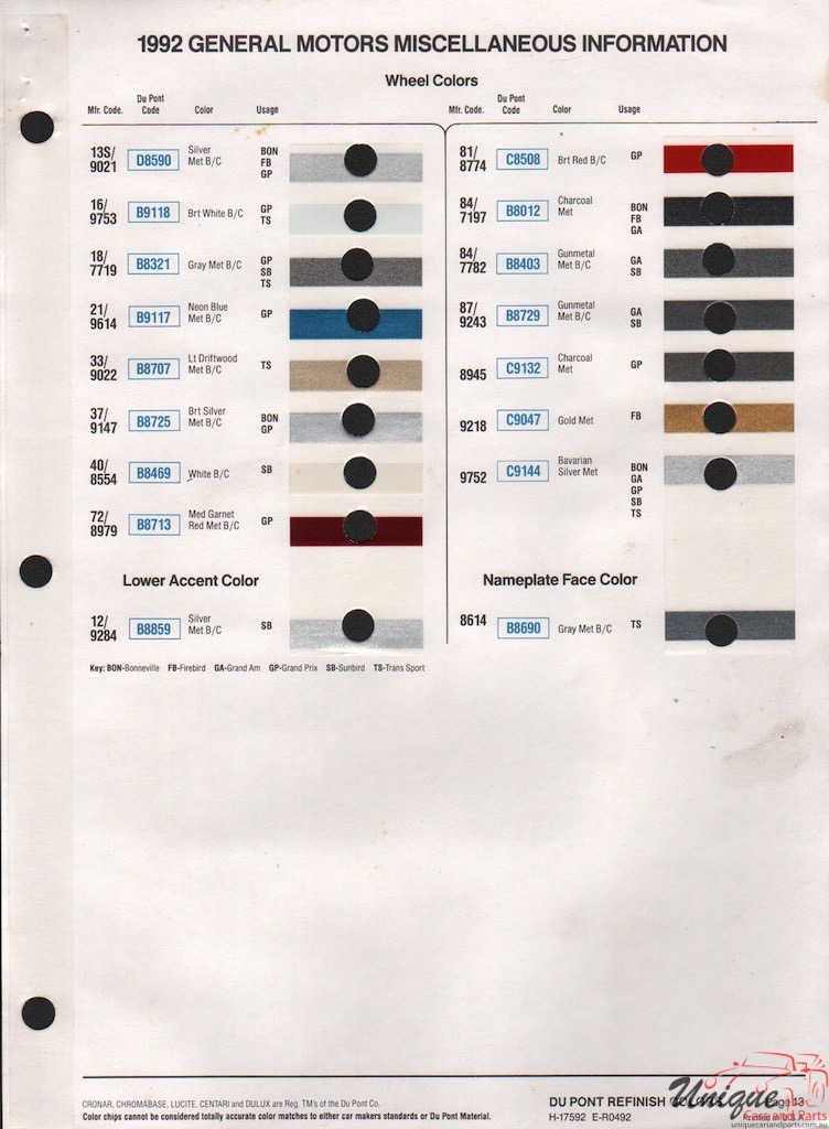 1992 GM GEO LeMans Saturn Paint Charts DuPont 5